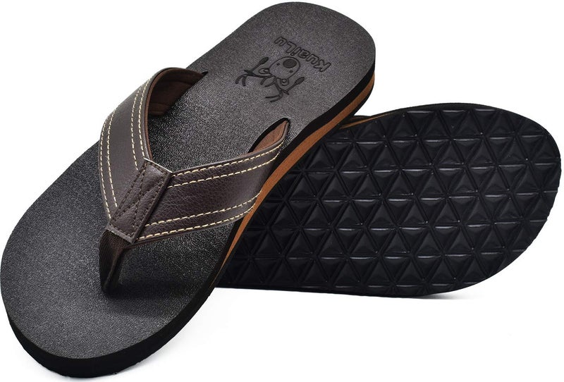 KuaiLu Men's Leather Flip Flops Arch Support Summer Beach Pool Water Thong Sandals Waterproof Rubber Walking Shoes Slip on Orthotic Casual Sport Cushioned Wide Slides Shower Slippers Brown Size 9 - Image 1